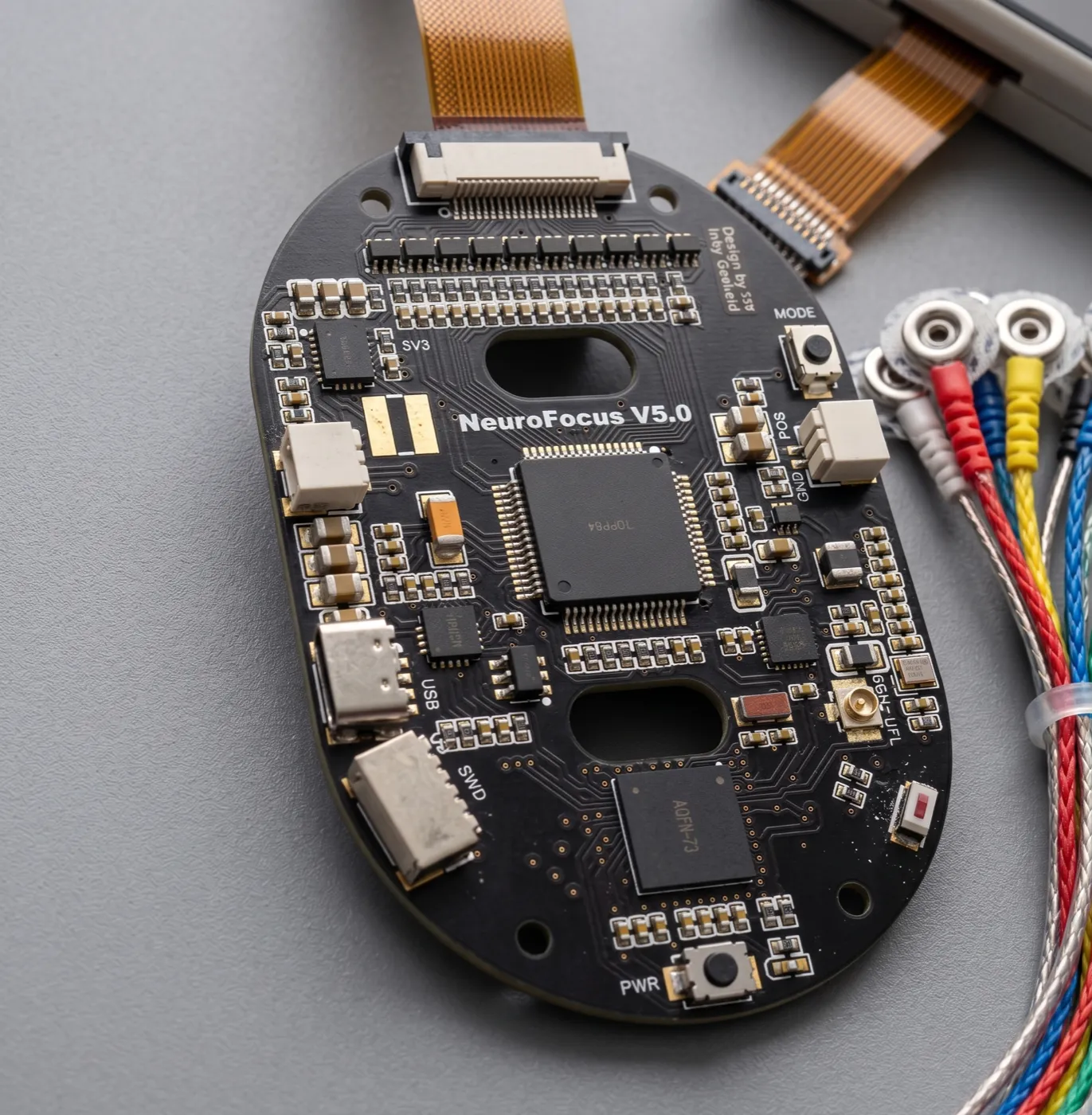 NeuroFocus V5.0 dry-EEG signal board with electrode leads — real hardware